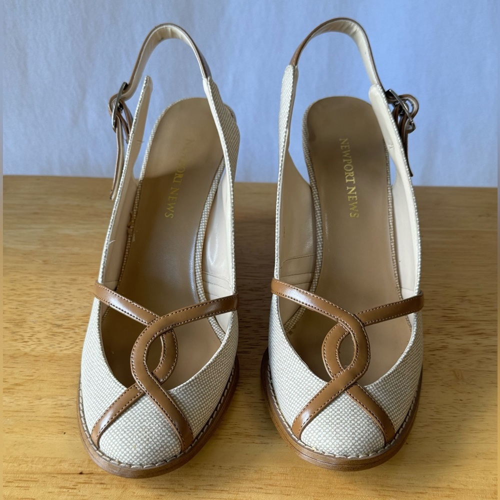 Cream and Brown Close Toe Wedge Slingbacks, Size 7.5
